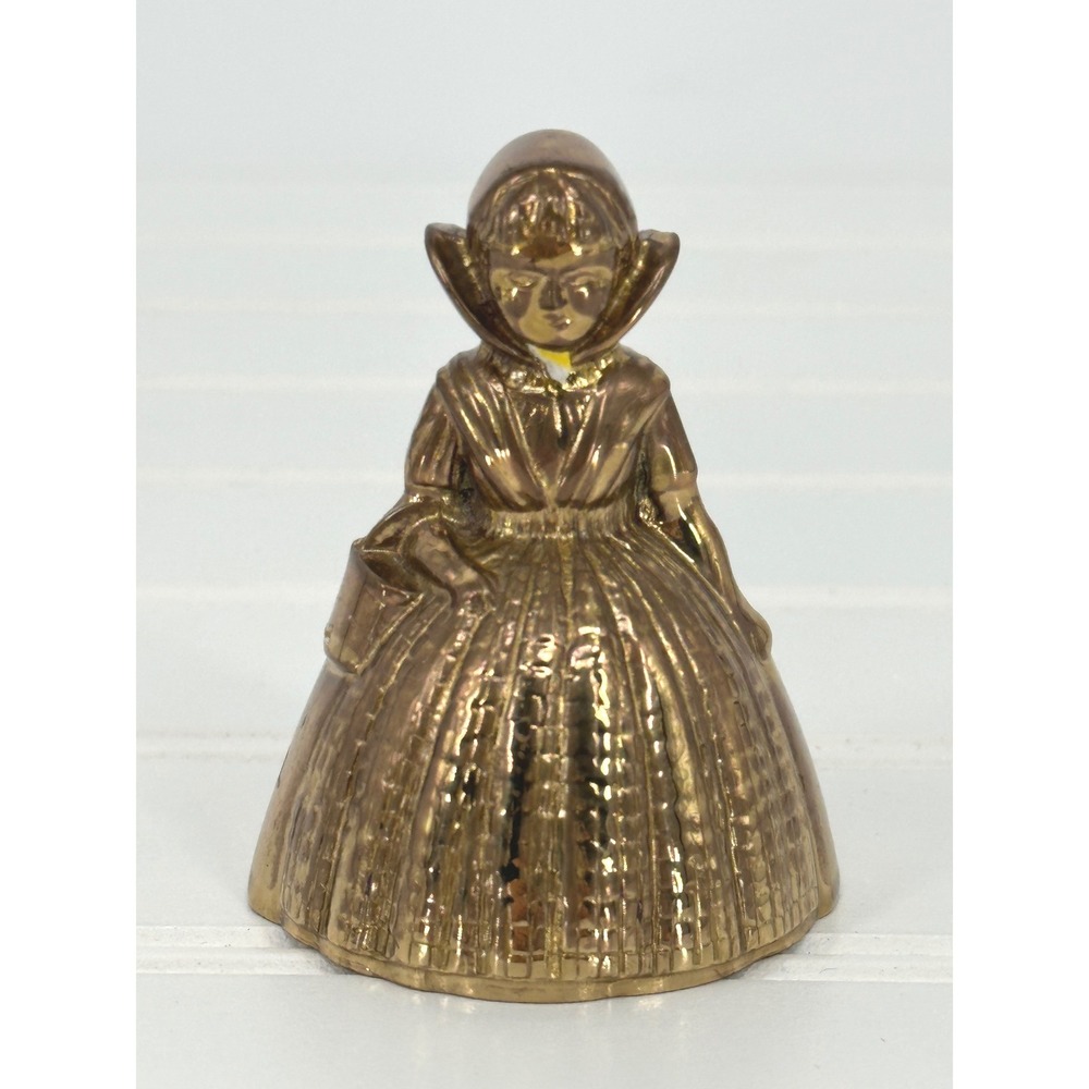 Vintage Brass Hand Bell Dutch Girl Figurine Gold Folk Art Collectible Victorian